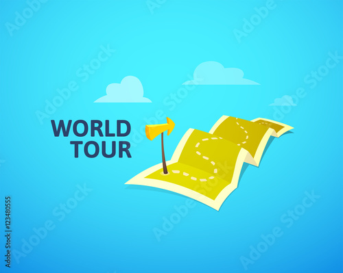 World tour concept logo, long route in travel map with guide marker
