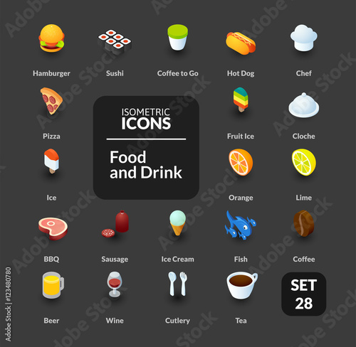 Color icons set in flat isometric illustration style, vector collection