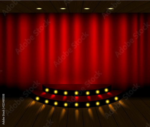 Vector red curtain stage scene with spotlights and wooden floor