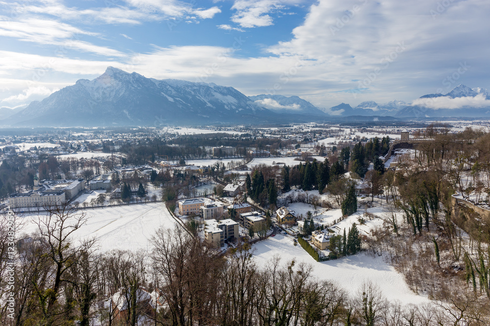 View from Hohensalzburg Castle towards the Austrian side of the Untersberg in the winter, Salzburg, Austria.