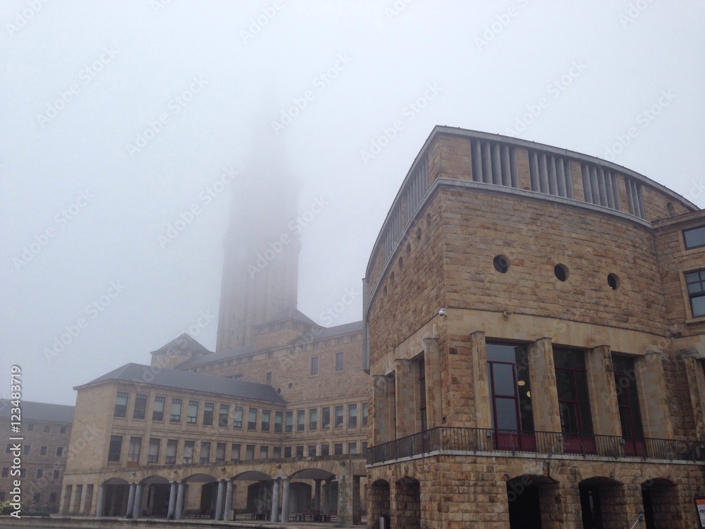 University of Oviedo, main building in Gijon in fog 