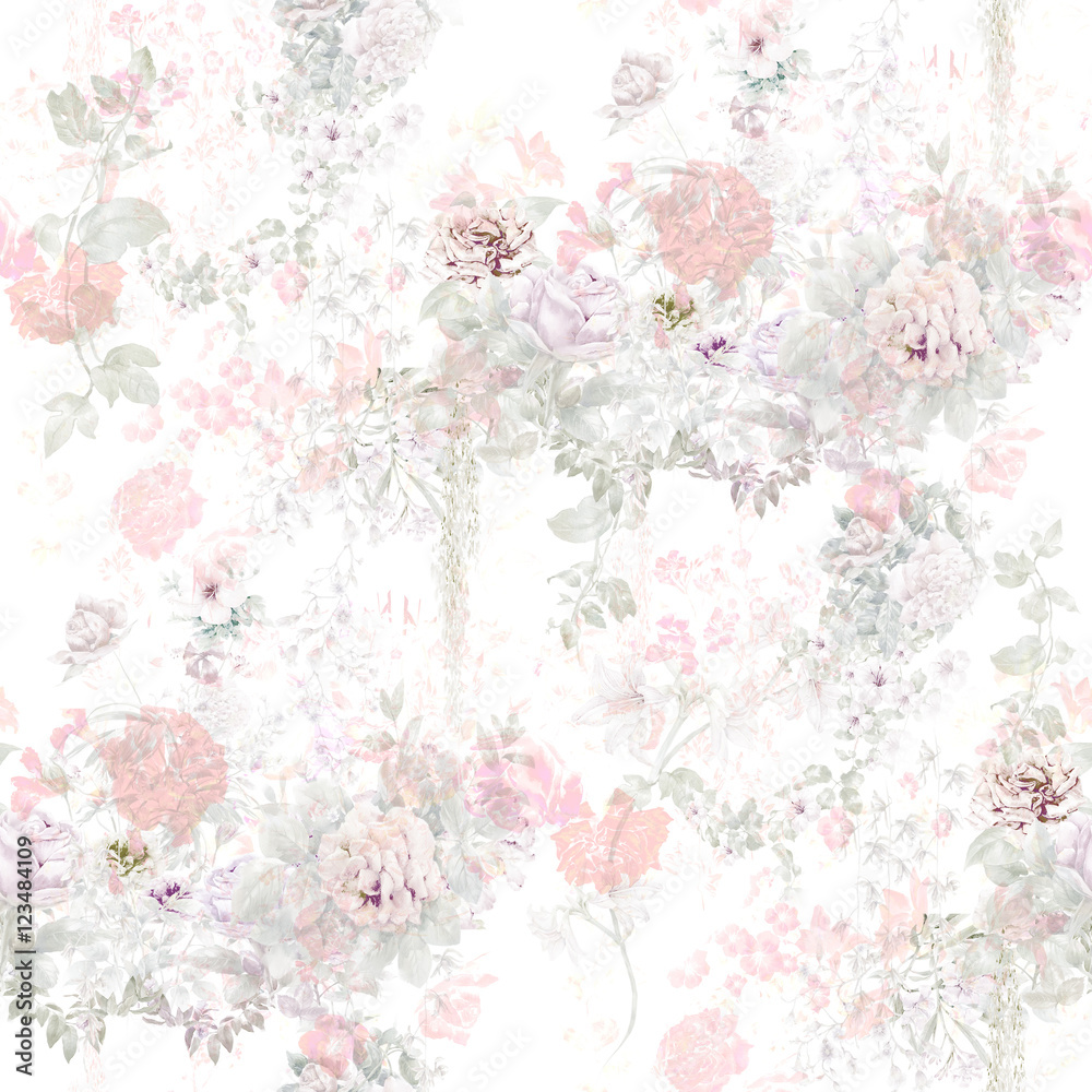 Watercolor painting of leaf and flowers, seamless pattern on white background Watercolor painting of leaf and flowers, seamless pattern on white background