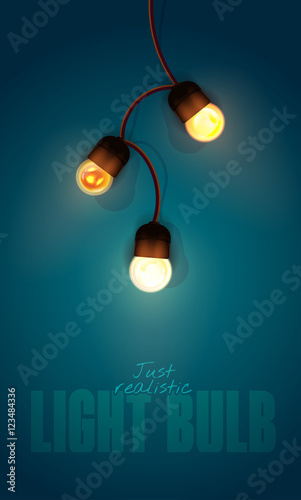 Realistic color vector illustration. Isolated glowing light bulb garland on gradient background. Template for greeting card to holiday.