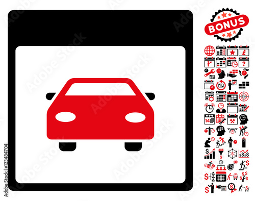 Automobile Car Calendar Page pictograph with bonus calendar and time management design elements. Vector illustration style is flat iconic symbols, intensive red and black, white background.