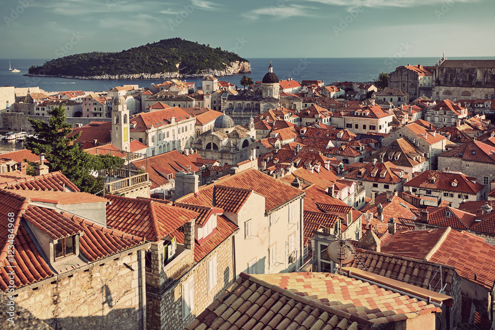 Panorama Dubrovnik Old Town roofs at sunset