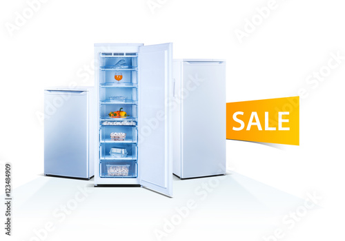 Three freezers on white background, open door, front view, with food, isolated, ecology, sale word
