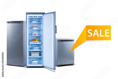 Three freezers on white background, open, front view, with food, isolated on white, shine grey metallic, sale word, sticker, banner