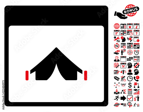 Camping Calendar Page icon with bonus calendar and time management pictograms. Vector illustration style is flat iconic symbols, intensive red and black, white background.
