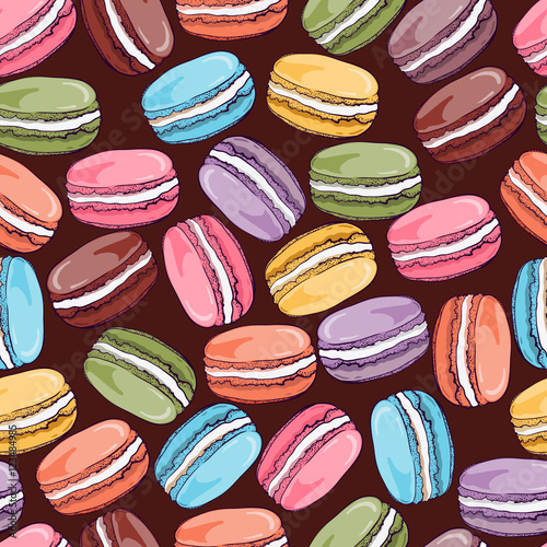 Vector seamless pattern with cute colorful macaroons cookies.Hand drawn macaroon design Perfect for  bakery shop advertising, invitation, valentine card.
