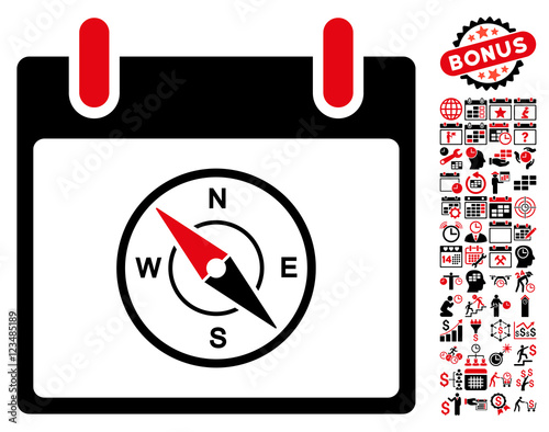 Compass Calendar Day icon with bonus calendar and time management pictograph collection. Vector illustration style is flat iconic symbols, intensive red and black, white background.