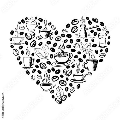 Heart shape filled by hand drawn coffee doodles isolated on white background. Coffee cup  cezve  beans and leaves symbols. Sketchy vector eps8 illustration.