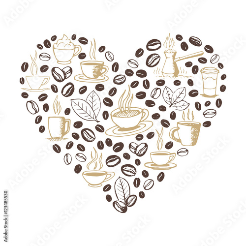 Heart shape filled by hand drawn coffee doodles isolated on white background. Coffee cup, cezve, beans and leaves symbols. Sketchy vector eps8 illustration.