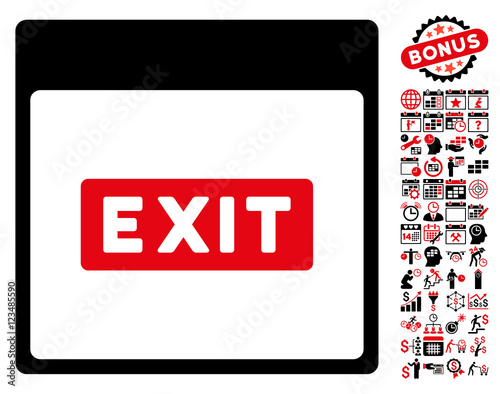 Exit Caption Calendar Page pictograph with bonus calendar and time management pictures. Vector illustration style is flat iconic symbols, intensive red and black, white background.