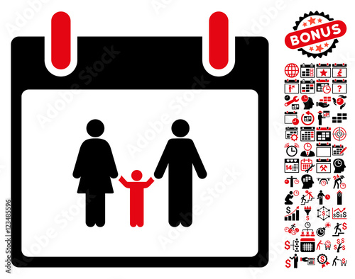 Family Calendar Day icon with bonus calendar and time management clip art. Vector illustration style is flat iconic symbols, intensive red and black, white background.