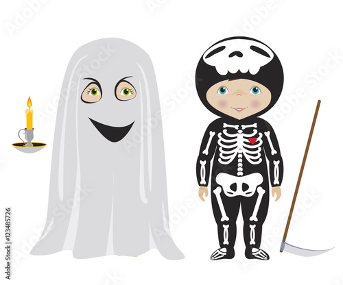 Cute kids in halloween costumes cartoon vector
