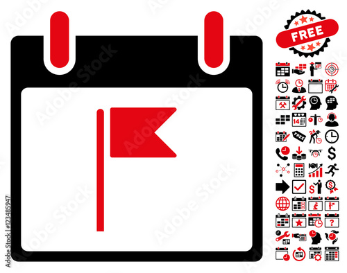 Flag Calendar Day pictograph with bonus calendar and time management images. Vector illustration style is flat iconic symbols, intensive red and black, white background.