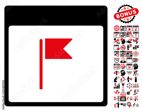 Flag Calendar Page icon with bonus calendar and time management graphic icons. Vector illustration style is flat iconic symbols, intensive red and black, white background.