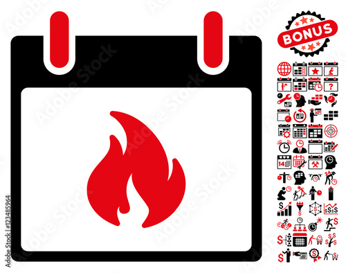 Flame Calendar Day pictograph with bonus calendar and time management symbols. Vector illustration style is flat iconic symbols, intensive red and black, white background.