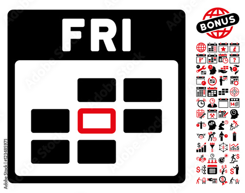 Friday Calendar Grid icon with bonus calendar and time management pictures. Vector illustration style is flat iconic symbols, intensive red and black, white background.