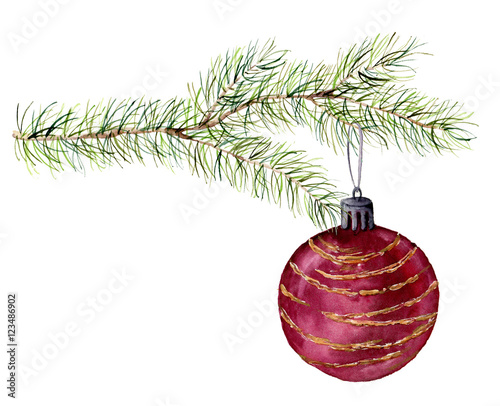 Watercolor Christmas tree branch with ball. Hand painted illustration with fir-needle natural element and christmas ball isolated on white background. Winter natural element for design