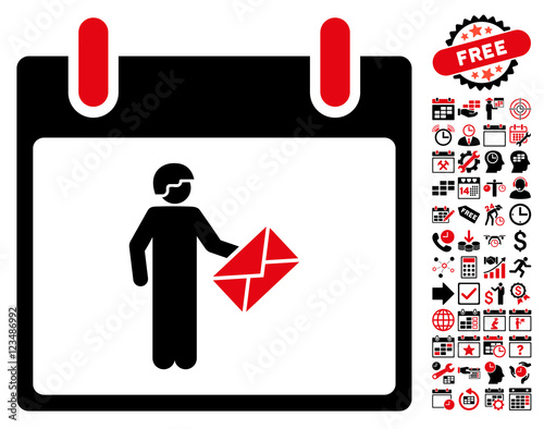 Postman Calendar Day pictograph with bonus calendar and time management graphic icons. Vector illustration style is flat iconic symbols, intensive red and black, white background.