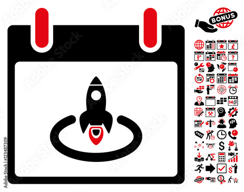 Rocket Start Calendar Page pictograph with bonus calendar and time management images. Vector illustration style is flat iconic symbols, intensive red and black, white background.