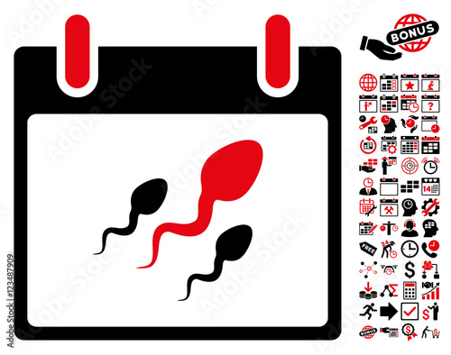 Sperm Calendar Day pictograph with bonus calendar and time management design elements. Vector illustration style is flat iconic symbols, intensive red and black, white background.