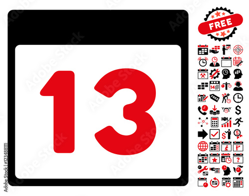 Thirteenth Calendar Page pictograph with bonus calendar and time management symbols. Vector illustration style is flat iconic symbols, intensive red and black, white background.