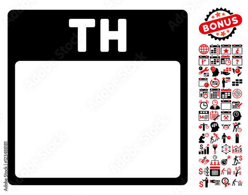 Thursday Calendar Page pictograph with bonus calendar and time management design elements. Vector illustration style is flat iconic symbols, intensive red and black, white background.