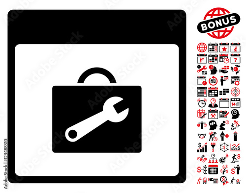 Toolbox Calendar Page pictograph with bonus calendar and time management clip art. Vector illustration style is flat iconic symbols, intensive red and black, white background.