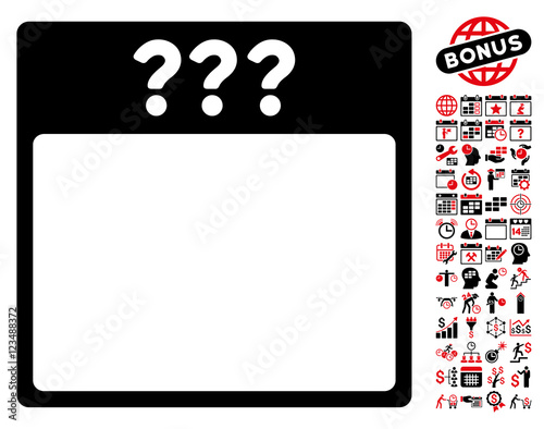 Unknown Calendar Page pictograph with bonus calendar and time management pictograms. Vector illustration style is flat iconic symbols, intensive red and black, white background.