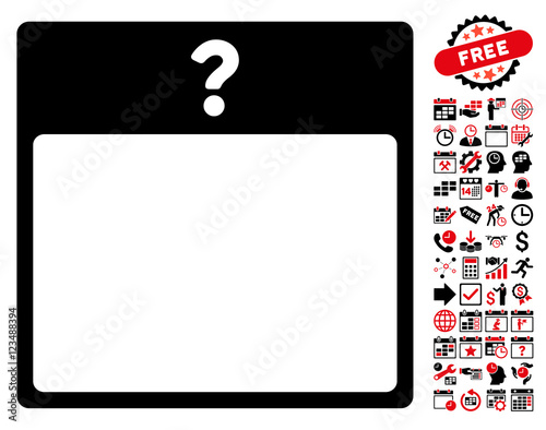 Unknown Day Calendar Page icon with bonus calendar and time management clip art. Vector illustration style is flat iconic symbols, intensive red and black, white background.