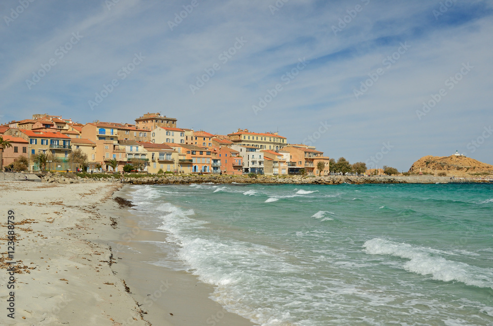 Sandy beach in the Corsican town l'Iles-Rousse