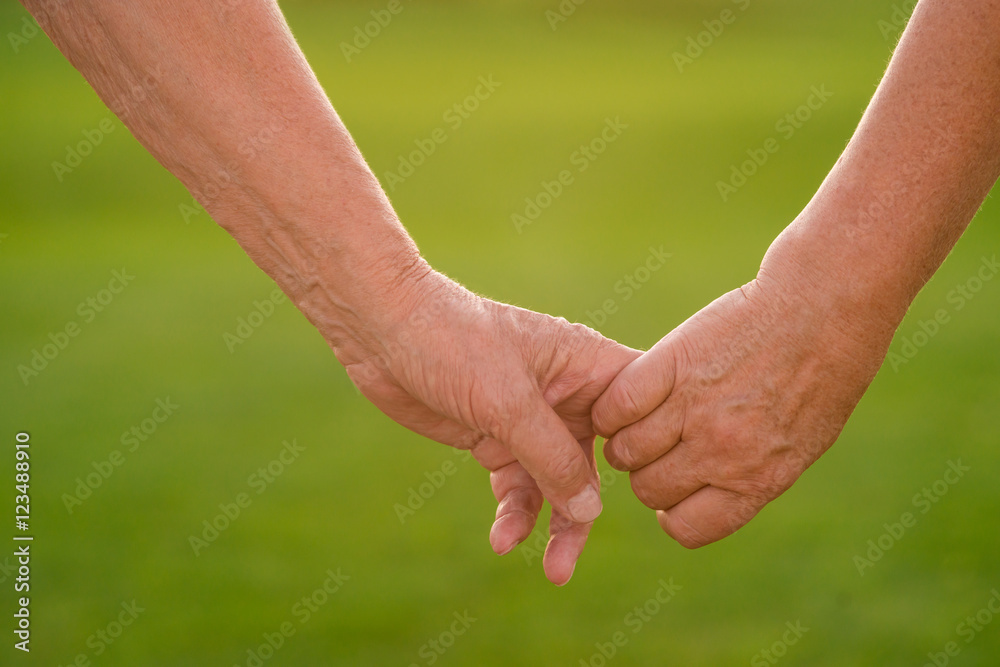 Couple's hands on green background. Hands of two seniors. Not a step without you. Don't let go. Couple's hands on green background. Hands of two seniors. Not a step without you. Don't let go.