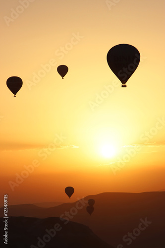 Balloons at sunrise. Backlight. Turkey. Cappadocia.