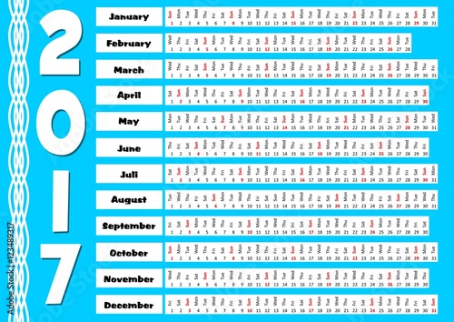 2017 calendar with abstract blue background. Unusual design, month in strip shape, horizontally orientation, place for corporate image and information.