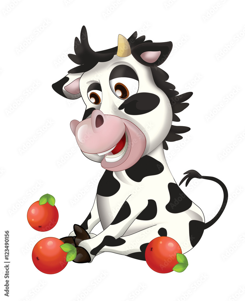 Naklejka premium Cartoon happy young cow looking on fruits - apples - isolated - illustration for children