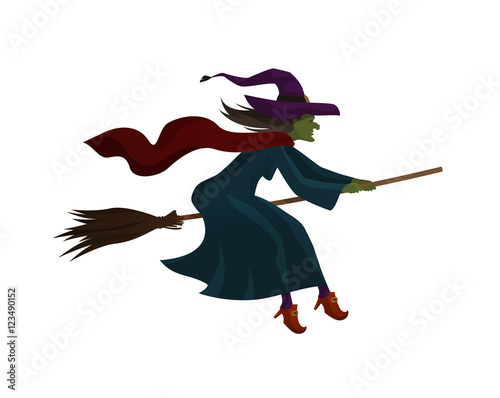 Halloween. Old witch flying on broom. Vector illustration