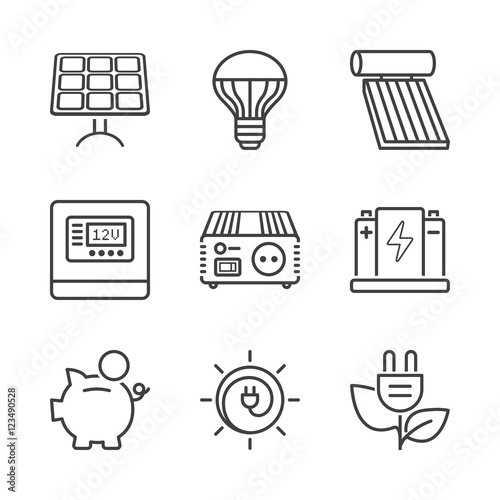 basic solar energy equipment line icons