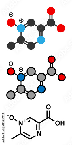 Acipimox hypertriglyceridemia drug molecule. Stylized 2D renderings and conventional skeletal formula.