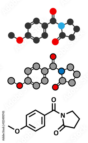 Aniracetam nootropic drug molecule. Stylized 2D renderings and conventional skeletal formula.