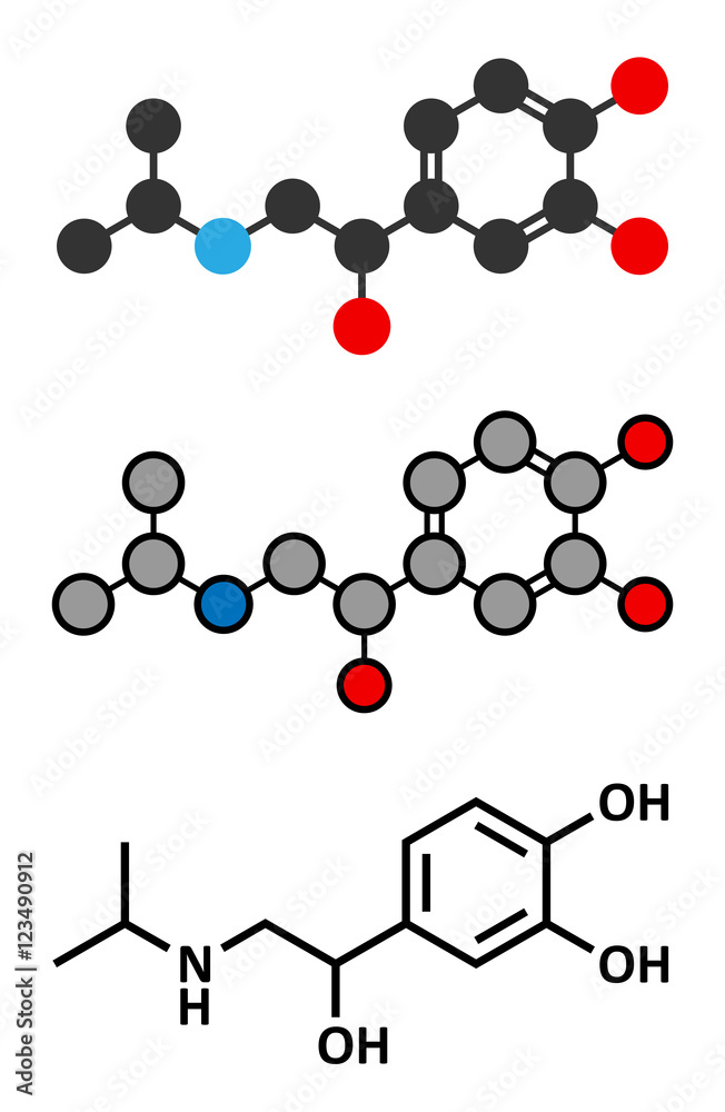 Isoprenaline (isoproterenol) drug molecule. Stylized 2D renderings and conventional skeletal formula. Used in treatment of bradycardia, heart block and asthma.