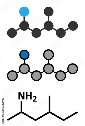 Methylhexanamine (dimethylamylamine, DMAA) stimulant molecule. Stylized 2D renderings and conventional skeletal formula.