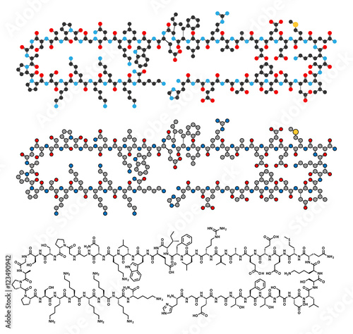 Lixisenatide diabetes drug molecule. Stylized 2D renderings and conventional skeletal formula.