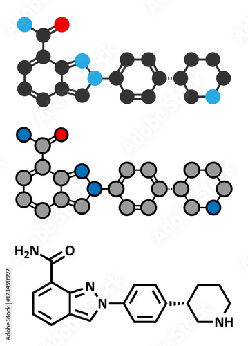 Niraparib cancer drug molecule (PARP inhibitor). 