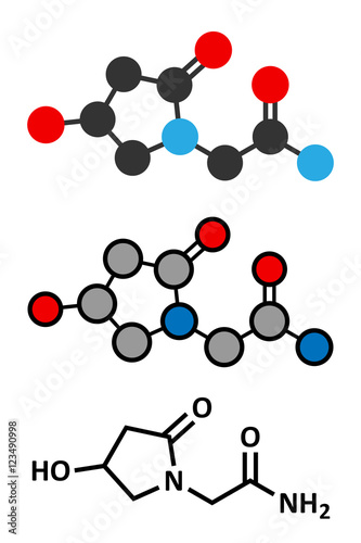 Oxiracetam nootropic drug molecule. Stylized 2D renderings and conventional skeletal formula.