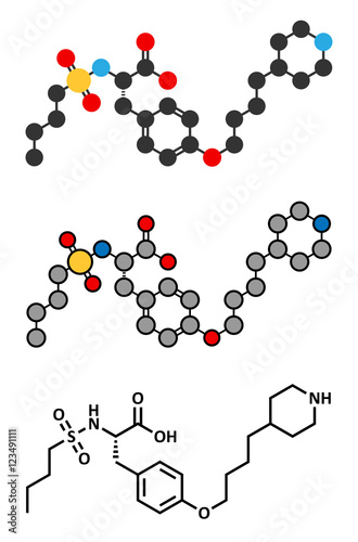 Tirofiban anticoagulant drug molecule. Stylized 2D renderings and conventional skeletal formula.