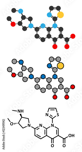 Vosaroxin cancer drug molecule. Stylized 2D renderings and conventional skeletal formula.
