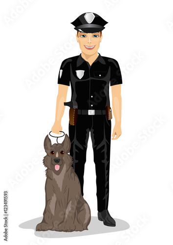 Policeman standing with police dog smiling over white background
