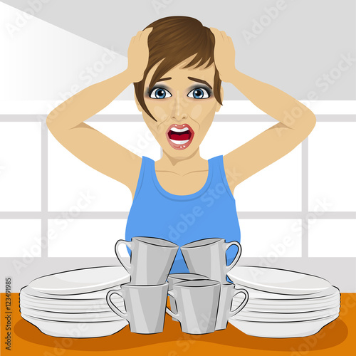 sad woman clasped her head because of dirty dishes pile needing washing up